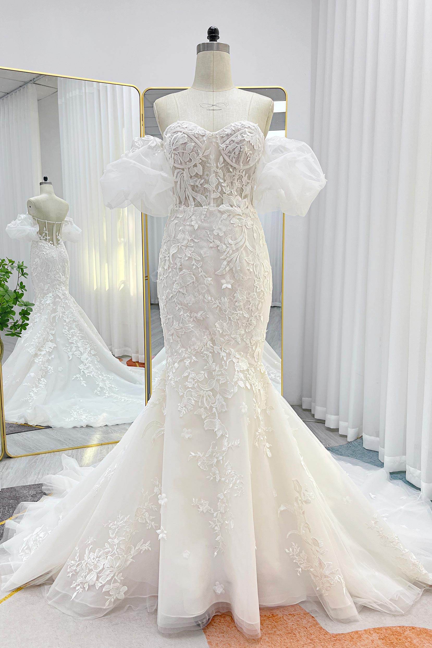 Trumpet-Mermaid Chapel Train Lace Tulle Wedding Dress CW3274 - COCOMELODY